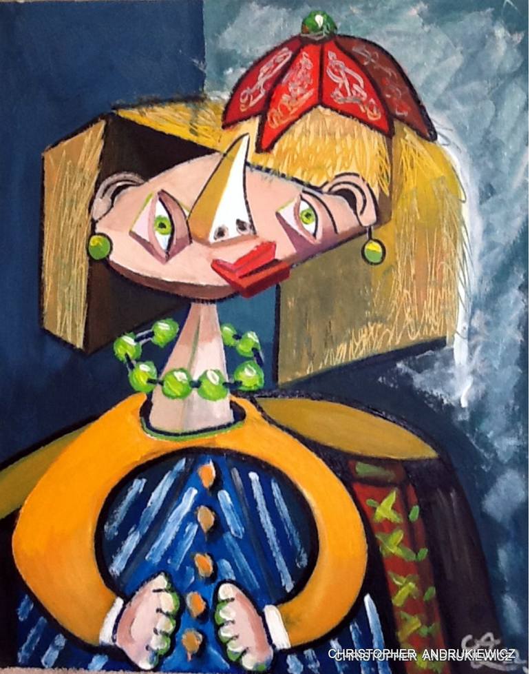 Original Fantasy Painting by Christopher Andrukiewicz | Abstract Expressionism Art on Canvas | lady with a funny hat and green beads.