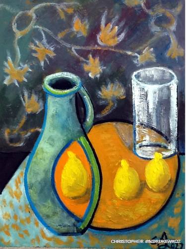split  vase and orange plate with lemons. thumb