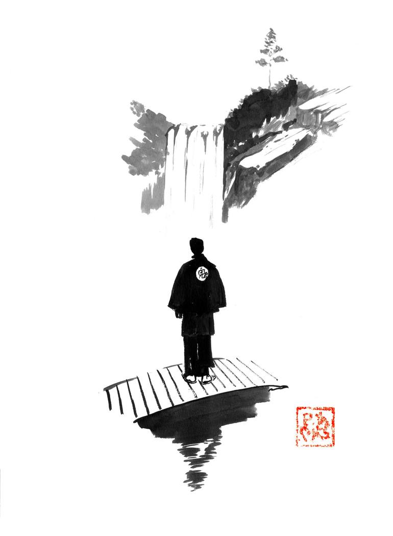 Original Travel Drawing by Pechane Sumie | Minimalism Art on Paper | yakuza on the little bridge