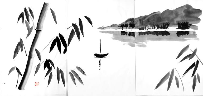 Original Sumi-e Landscape Painting by pechane sumie