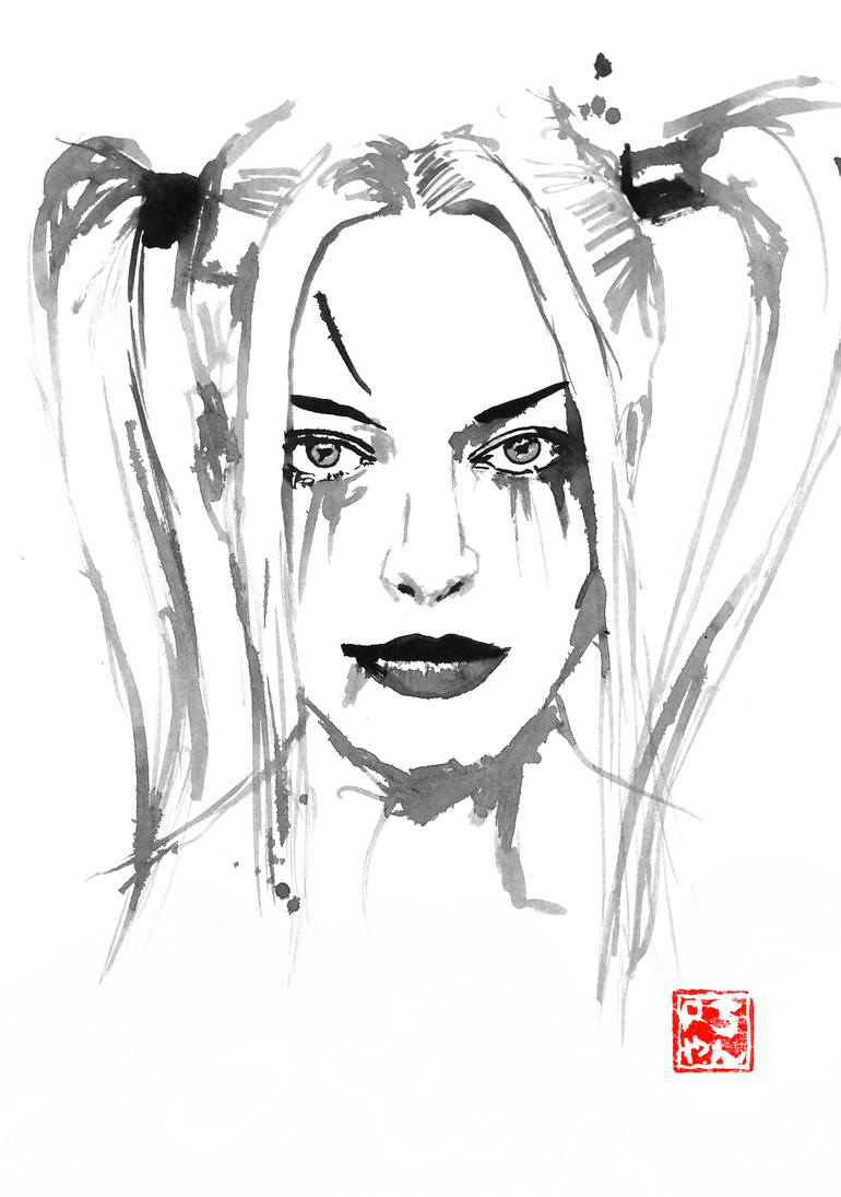 harley quinn black and white drawing