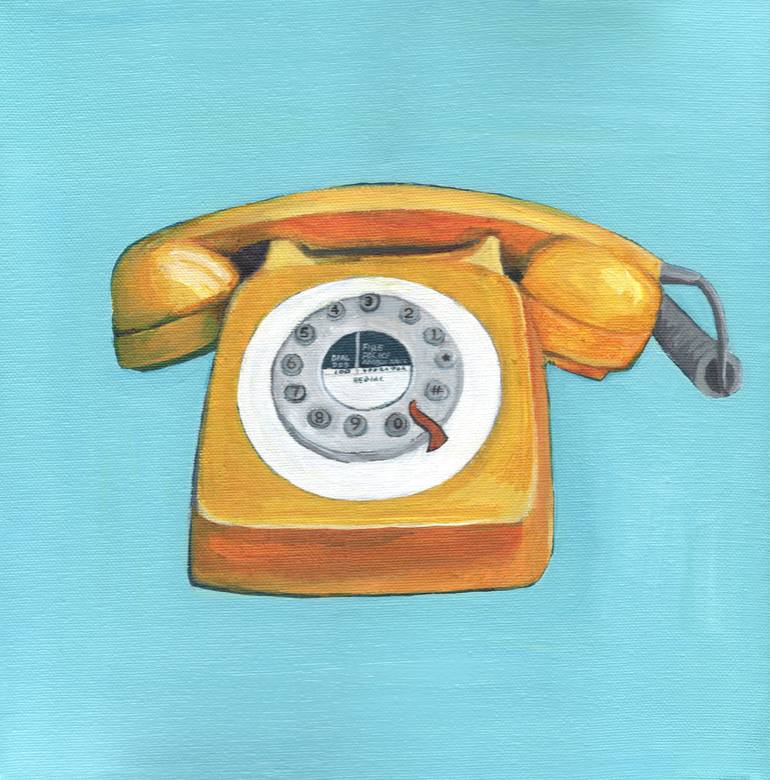 Yellow Telephone - Retro Pop Illustration Painting of Vintage Phone  Painting by Eleanore Ditchburn