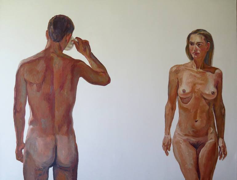 The female painter and The male model having a cup of coffee - Print