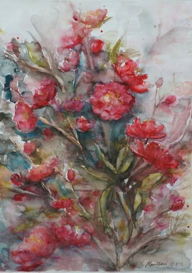 Red Peach Blossom watercolor on paper thumb