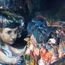 oil and mixer media  on canvas 36.5 W x 44.5 H (114x93 cm)
re-elaboration and my personal vision of a typical Virgin and Child by Anthony Van Dyck: the religious theme is prevailing but the main concept is the totally condemn of the modern and capitalistic world