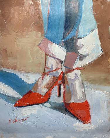 ON RED HEELS. WOMAN FIGURE. PALETTE KNIFE, IMPASTO. thumb