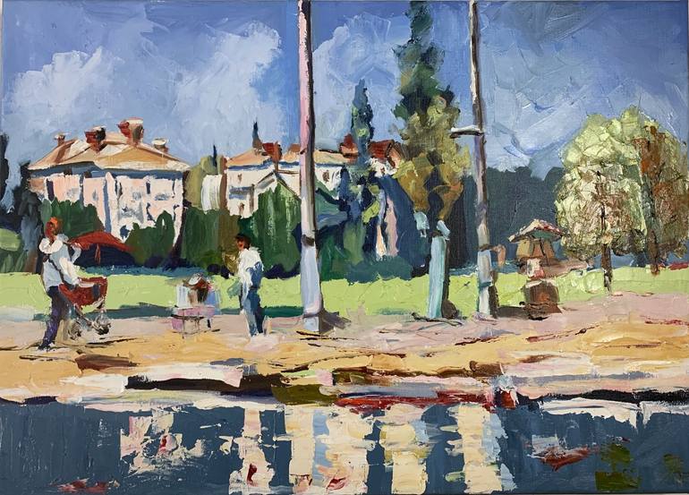 Original Landscape Painting by Vita Schagen | Contemporary Art on Canvas | LITTLE TOWN BY THE LAKE. SWITZERLAND LANDSCAPE.