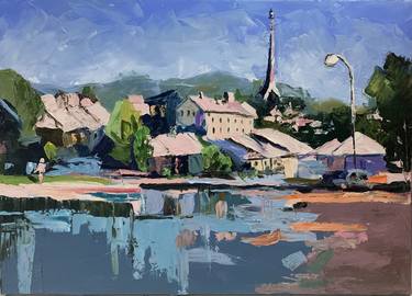 LITTLE TOWN BY THE LAKE. FRANCE LANDSCAPE. thumb
