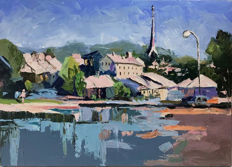Original Landscape Painting by Vita Schagen | Contemporary Art on Canvas | LITTLE TOWN BY THE LAKE. FRANCE LANDSCAPE.