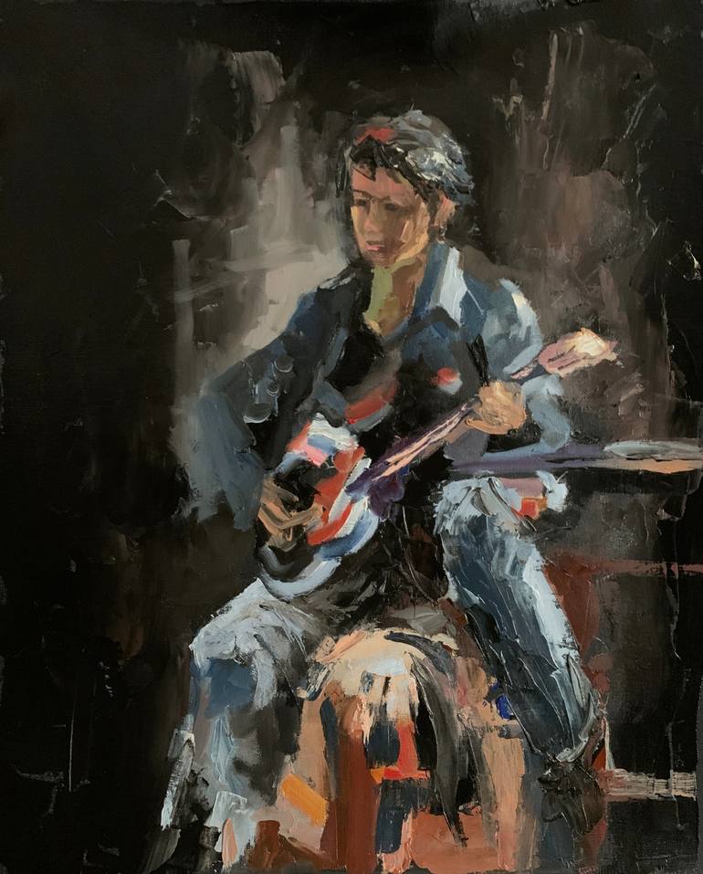 Guitar player on black. figurative romantic original painting. Painting by  Vita Schagen