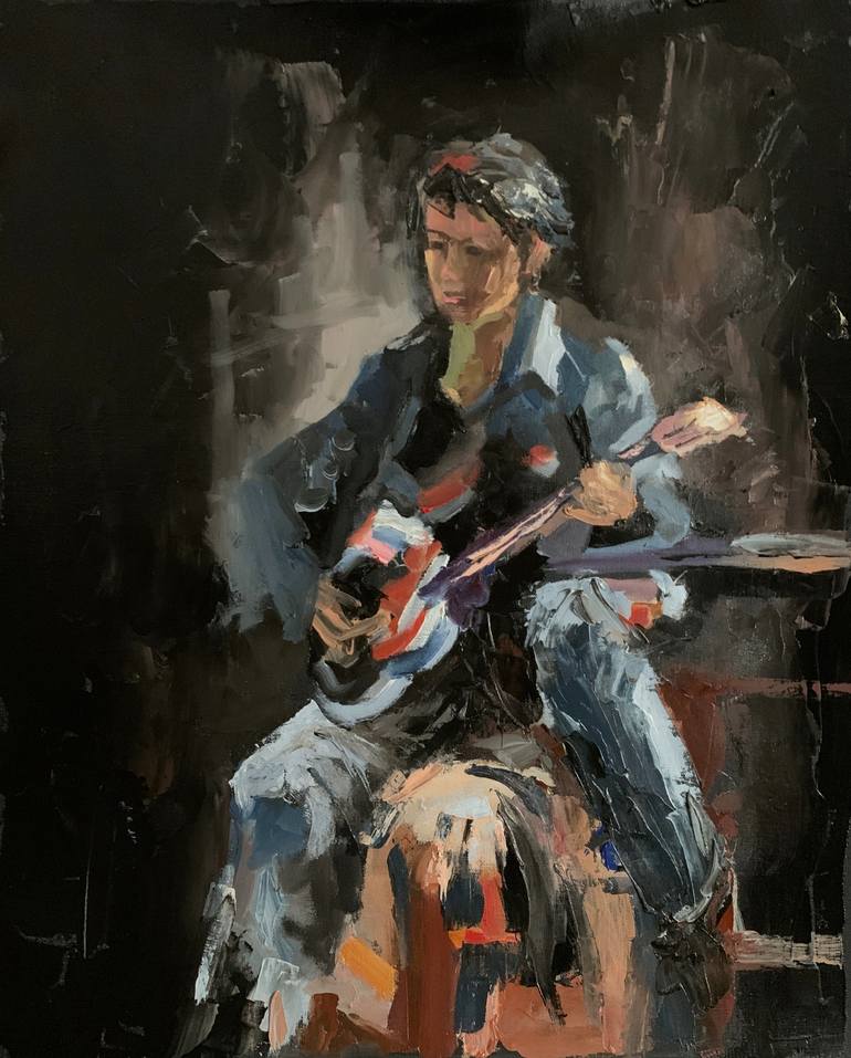 Guitar player on black. figurative romantic original painting