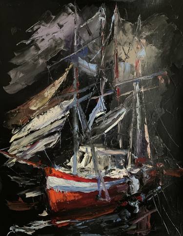 BOAT ON BLACK. ORIGINAL IMPASTO, PALETTE KNIFE OIL PAINTING. thumb