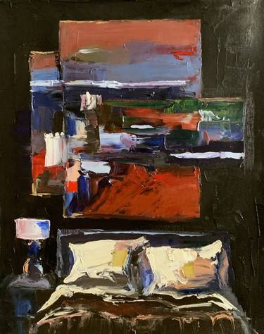 ROOM INTERIOR WITH A bed and abstract art. OIL PAINTING. thumb