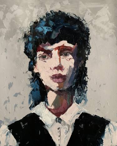 Woman with black hair. portrait. PALETTE KNIFE, IMPASTO. thumb