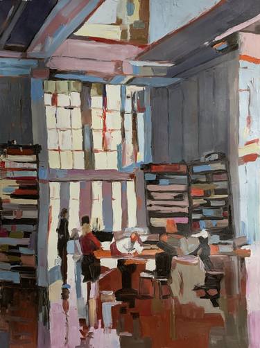 Library.  Interior with books. OIL PAINTING. thumb