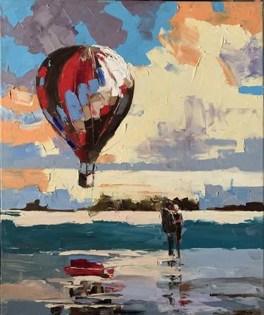 Seascape with an air balloon and love couple. thumb