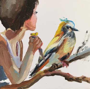 Woman and a bird. thumb