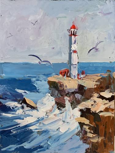 Seascape with lighthouse. thumb