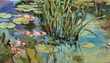 Sunlight Sonata. Water lilies pond with koi fish. thumb