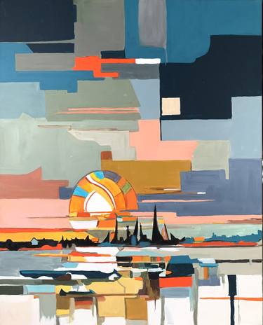 Sunset in a city. Abstract cityscape. thumb