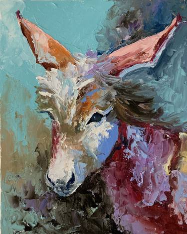 Little donkey. Impasto, palette knife original oil painting. thumb
