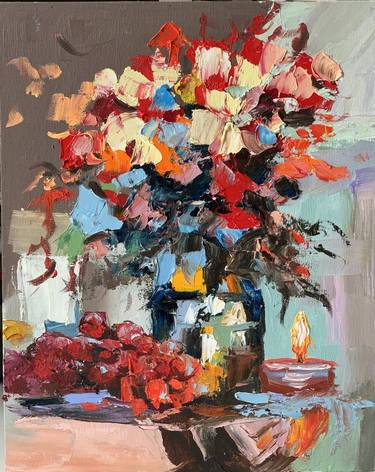 Bouquet of flowers and candle. Still life Original oil painting. thumb