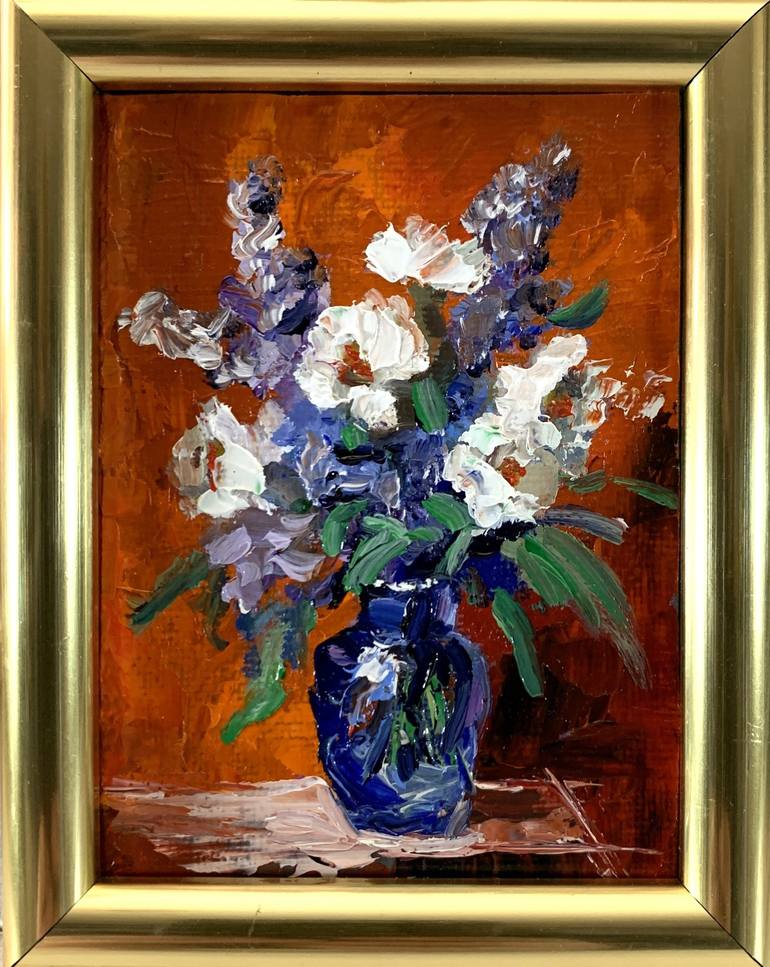 Original Floral Painting by Vita Schagen | Expressionism Art on Canvas | Bouquet of White flowers on red. Still life.