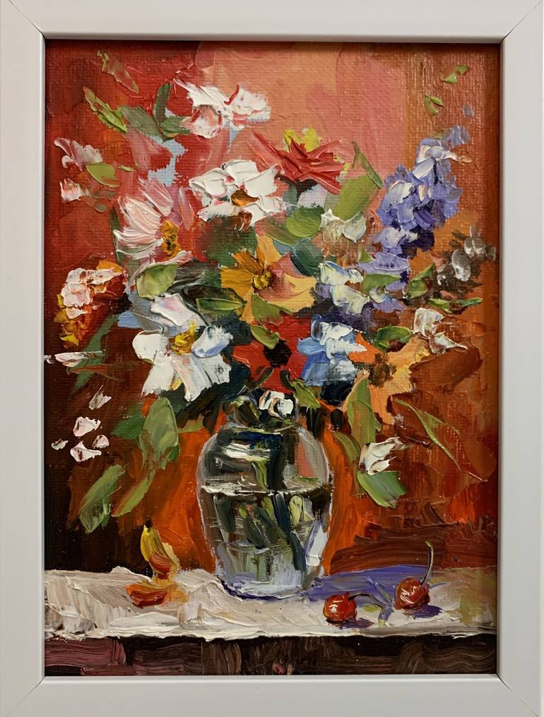 Bouquet of White flowers in a blue vase on red. Still life. xs Painting ...