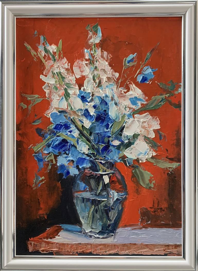 Original Floral Painting by Vita Schagen | Contemporary Art on Canvas | Bouquet of White flowers and bluebells in a blue vase on red.