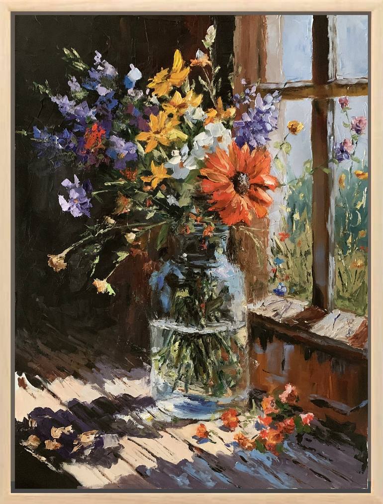 Original Floral Painting by Vita Schagen | Contemporary Art on Canvas | Window Light Bouquet of field flowers.