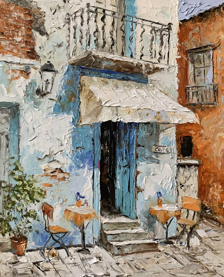 Original Cities Painting by Vita Schagen | Expressionism Art on Canvas | Blue Door Cafe in the Old Town.