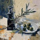 Olive Branch and Olive Oil Bottle. by Vita Schagen