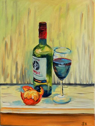 Red wine, tangerine and wine glass. thumb