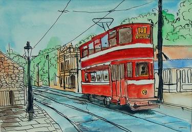 London tram. Mounted watercolor. cityscape. thumb