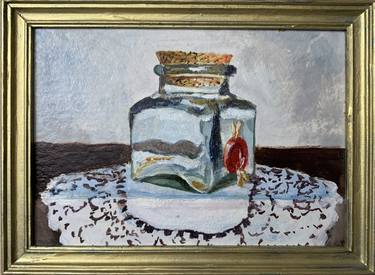 Still life oil painting with a glass jar. Small framed painting. thumb