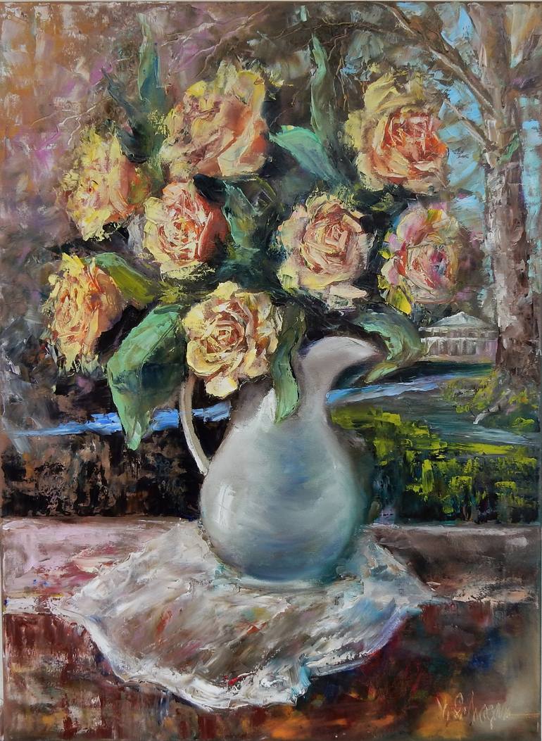 Roses in a garden. Landscape. Painting by Vita Schagen | Saatchi Art