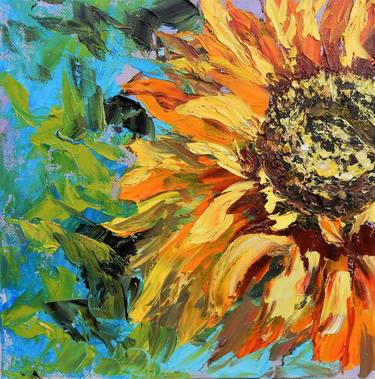 Sunflower, Impasto oil painting. Palette knife, heavy textured art thumb