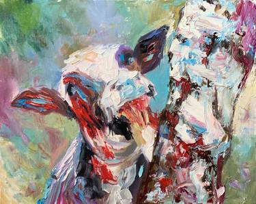 Cow by the birch, Impasto, palette knife textured artwork thumb