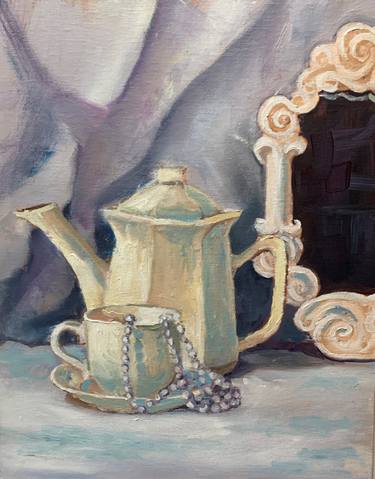 Teacup and teapot on the table .Still life. thumb