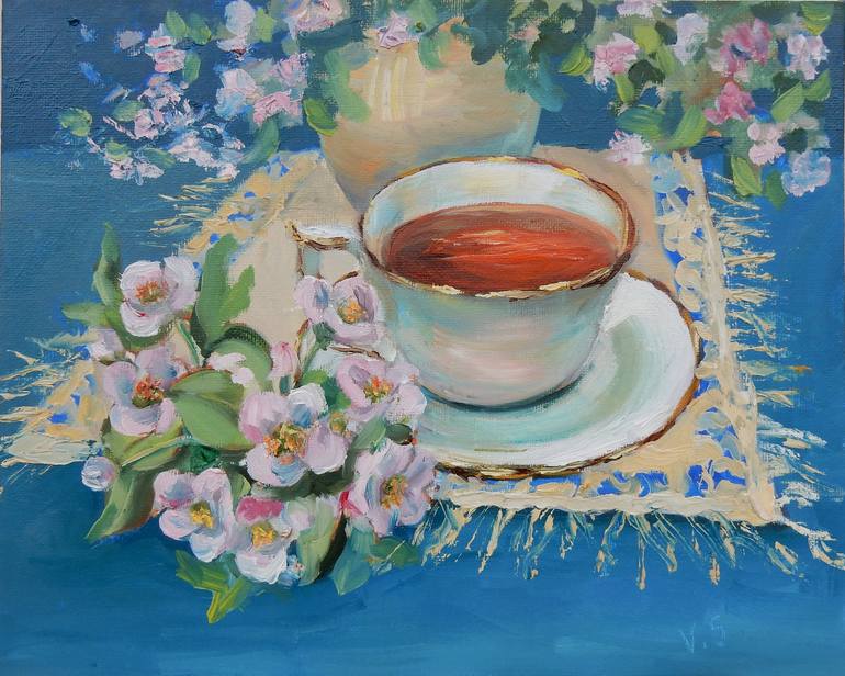 Original Vintage Tea Cup Rose Lace Watercolor Painting Art 