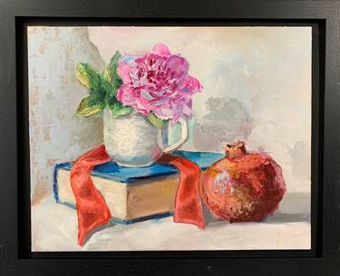 Teacups, Peony flower, Books. pomegranate. Framed.Still life. thumb