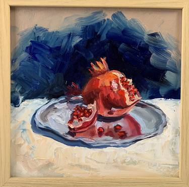 Pomegranate on silver tray. Still life thumb