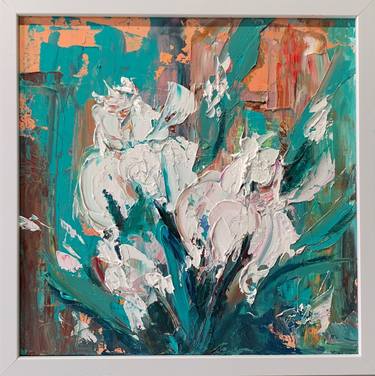Irises. Abstract Flowers. Original impasto, Palette knife oil painting. Framed. thumb