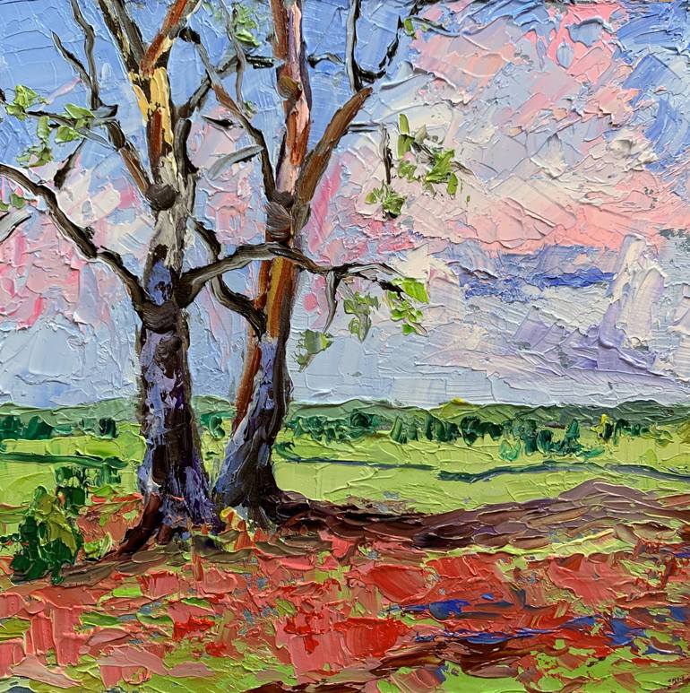 Landscape with the trees. Original impasto, Palette knife oil