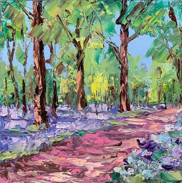 Bluebells. Forest. Landscape with the trees. Original impasto, Palette knife oil painting. Framed. thumb