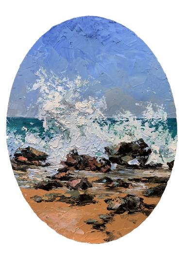 Seascape. Breaking waves. Palette knife original oil painting. thumb