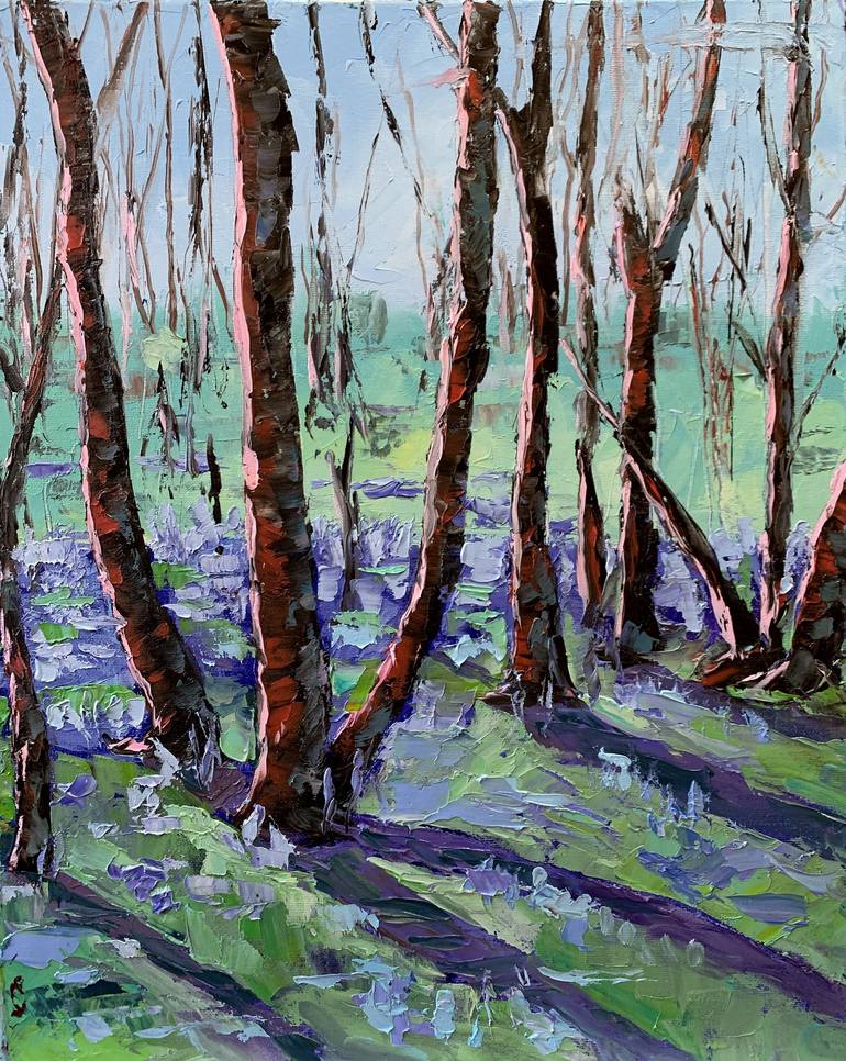 Landscape. Bluebells clearing in the forest. Original impasto