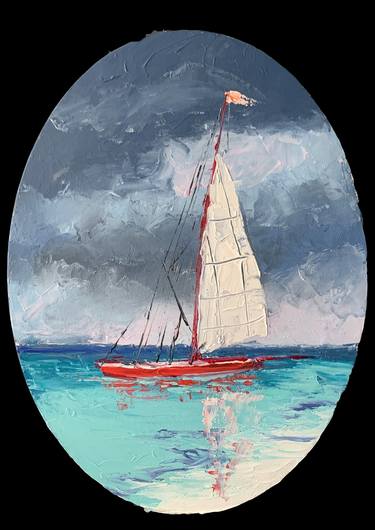 Seascape. Red sail boat. Ocean, waves, sky. Palette knife original oil painting. thumb