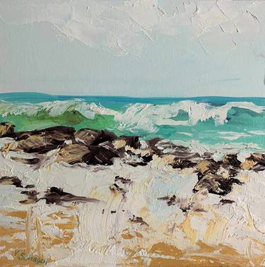 Seascape painting. Waves, ocean, rocks landscape. thumb