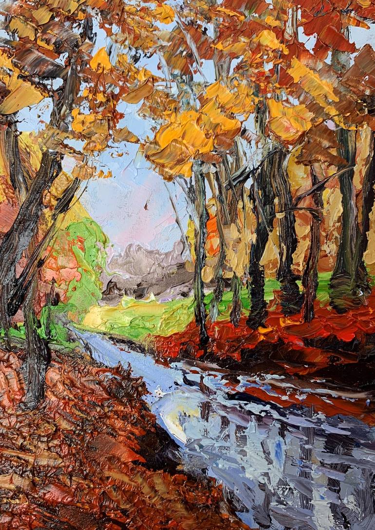 Autumn Landscape, Small Drawing, Original Oil Pastel Art, Wall Art